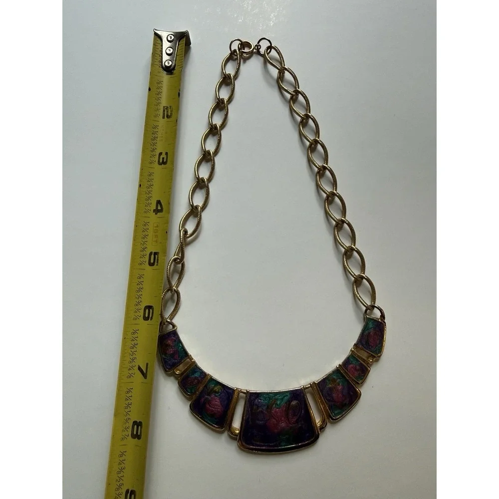 Vintage 80s Statement Tie Dye Necklace And Matching Earrings‎ Gold Tone Rainbow
